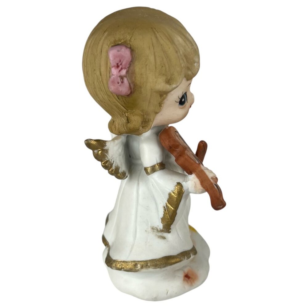 Vintage UCGC Ceramic Angel Figurine Playing Violin With Gold Accents & Pink Bows - Picture 3 of 8